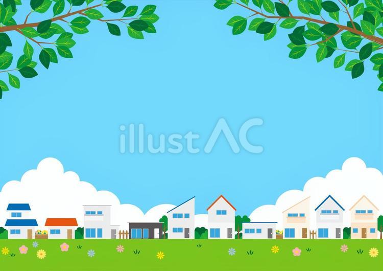 可愛い新緑の葉と街の背景素材 街,家,青空のイラスト素材