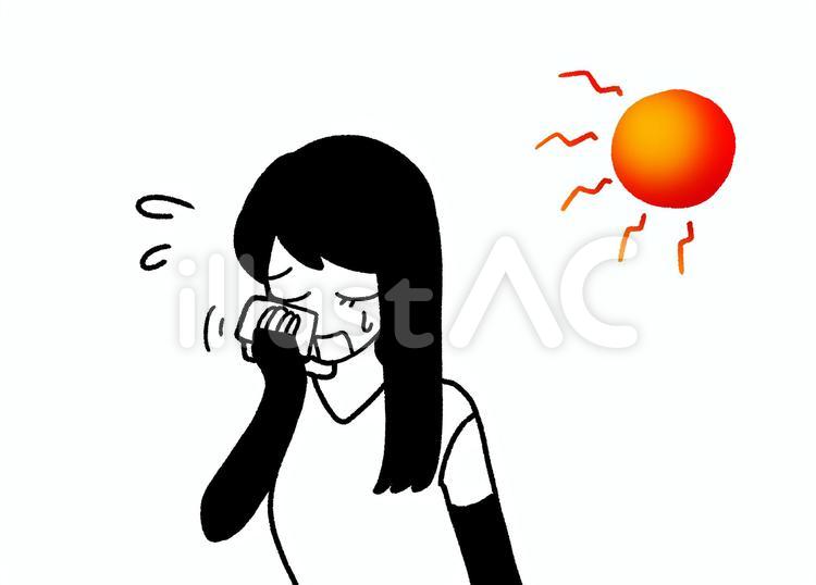 照り付ける太陽と汗を拭く女性の線のみ 人物,１人,上半身のイラスト素材