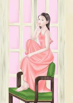 女性イラスト 女性,人物,ワンピース,座る,椅子のイラスト素材