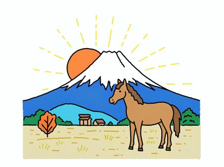富士山と日の出と馬ののどかな風景 富士山,日の出,馬,午年,正月,新年,新春,年賀状,おめでたい,縁起物のイラスト素材