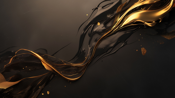 立体的に混ざり合う黒と金の液体アート背景