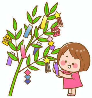 A girl who attaches a strip of paper to a Tanabata bamboo decoration, , JPG, PNG and AI