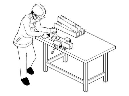 グラインダーで研磨A（線画） グラインダー,サンダー,研磨,切断,バリ,削る,均す,磨く,金属,部品のイラスト素材