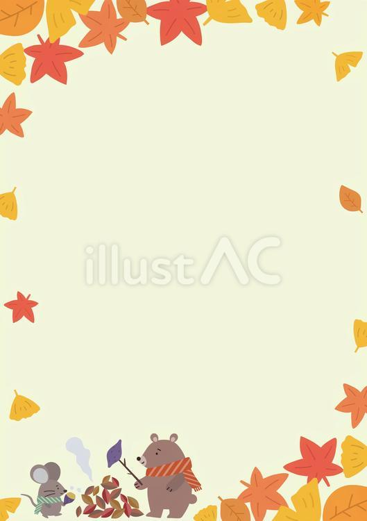 くまさんとネズミさんの紅葉フレーム 紅葉,イチョウ,もみじのイラスト素材