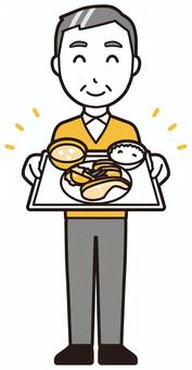  ニット中年男性(黄)-393-全身 食事,おじさん,男性,中年,お父さん,パパ,シニア,ミドルエイジ,人物,かわいいのイラスト素材