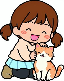 青の猫好きの女子です。 猫,女子,シンプル,子供,動物,猫好き,ペット,仲良し,ほのぼの,青のイラスト素材