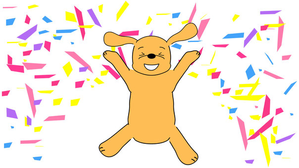 紙吹雪の中で喜ぶ犬 紙吹雪,カラフル,ピンク,黄色,水色,クラッカー,紫,犬,ペット,ミニチュアダックスフンドのイラスト素材