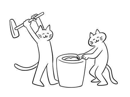 餅つきをする猫（モノクロ） 猫,餅つき,餅,臼,杵,イベント,冬,正月,お正月,暮らしのイラスト素材