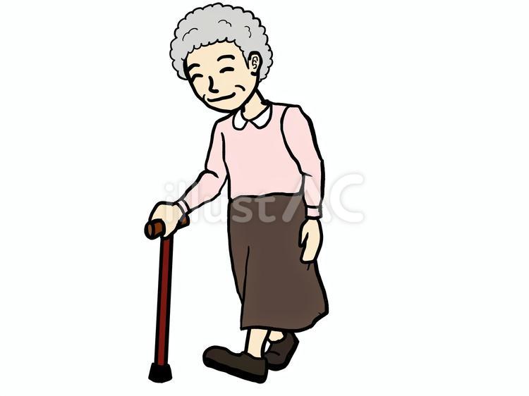 短下肢装具を付けて杖歩行するおばあさん 短下肢装具,杖,歩行のイラスト素材