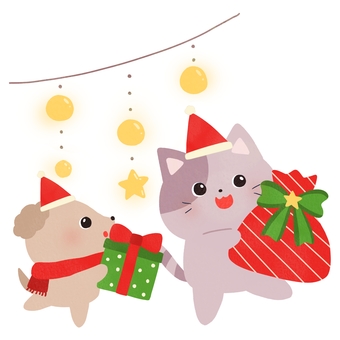 クリスマスプレゼントをもった猫と犬 クリスマス,プレゼント,猫,犬,持つ,イルミネーション,動物,サンタ,帽子,冬のイラスト素材