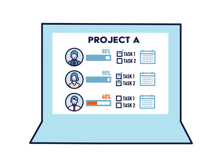 プロジェクトメンバーの進捗管理 データ,情報,メンバー,進捗,管理,スケジュール,パソコン,共有,ビジネスマン,チームのイラスト素材