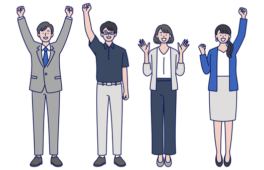 ガッツポーズする男女ビジネスチーム 人物,ビジネス,チーム,同僚,男女,スーツ,喜び,ガッツポーズ,成功,達成感のイラスト素材