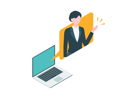 アイソメトリック_オンラインお問い合わせ アイソメトリック,立体,アイソメ,斜め上,人物,女性,スタッフ,オンライン,相談,リモートのイラスト素材