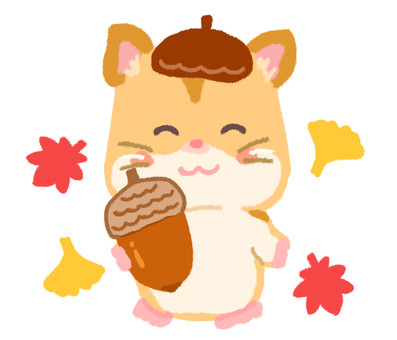 どんぐりを手に持ち笑顔の可愛いハムスター ハムスター,どんぐり,持つ,落ち葉,イチョウ,紅葉,もみじ,葉,木の実,秋のイラスト素材