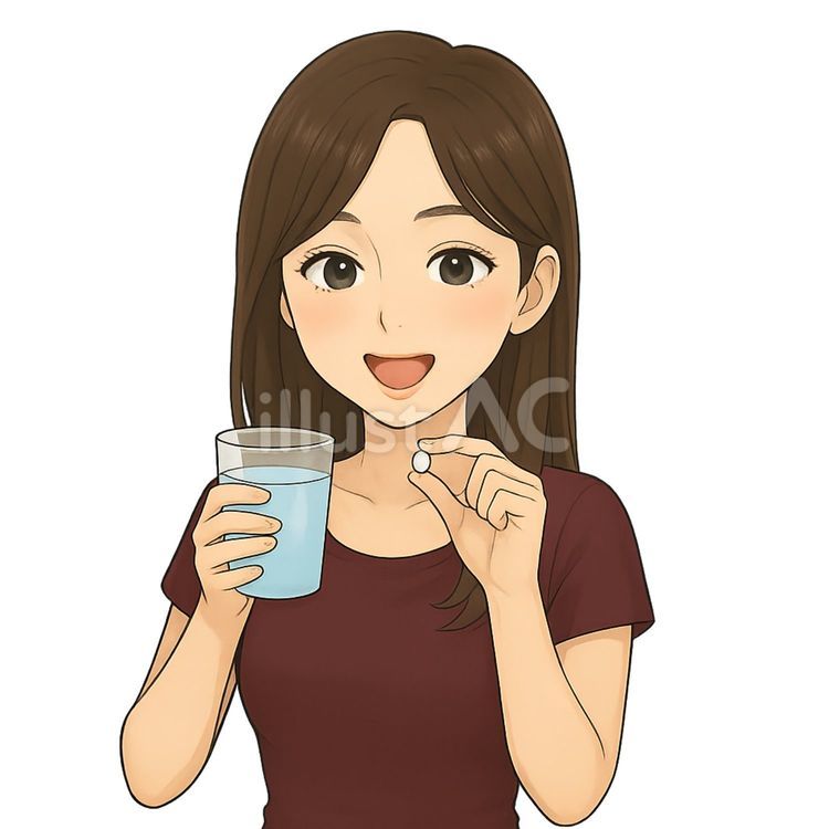 コップの水で錠剤を飲もうとしている女性 コップ,水,錠剤のイラスト素材