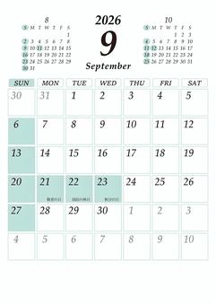 2026 9月 日曜始 カレンダー 縦 カレンダー,2026年,2026,令和8,9月,9,september,a4,祝日,マンスリーのイラスト素材