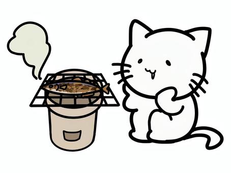 サンマを焼くねこ サンマ,猫,秋,七輪,焼き魚のイラスト素材