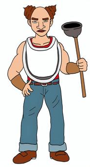 トイレ掃除が好きなおじさん おじさん,全身,シュール,ポーズ,手描き,ラバーカップのイラスト素材