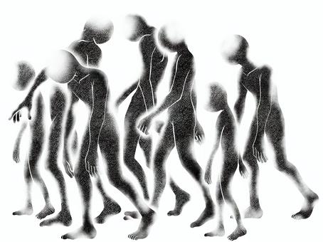 横に歩くホラーな人影の集団　黒透け 人物,人影,ホラー,集団,歩く,横向き,たくさん,黒色,透けてる,虚ろのイラスト素材