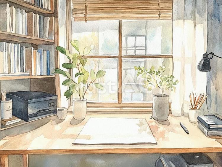 落ち着いた書斎や作業部屋を思わせる絵 書斎,机,観葉植物のイラスト素材