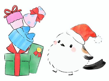 シマエナガさんとプレゼント(クリスマス) シマエナガさんとプレゼント(クリスマス) シマエナガ,かわいい,鳥,クリスマス,プレゼント,手書き,手描き,ベクター,水彩,絵本風のイラスト素材