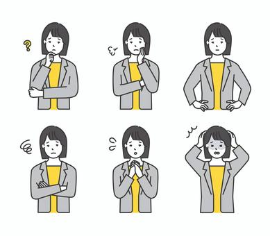 悩む女性ビジネスパーソンのイラストセット 人物,女性,ビジネスパーソン,ビジネスウーマン,コンサルタント,スーツ,疑問,悩む,困る,ため息のイラスト素材