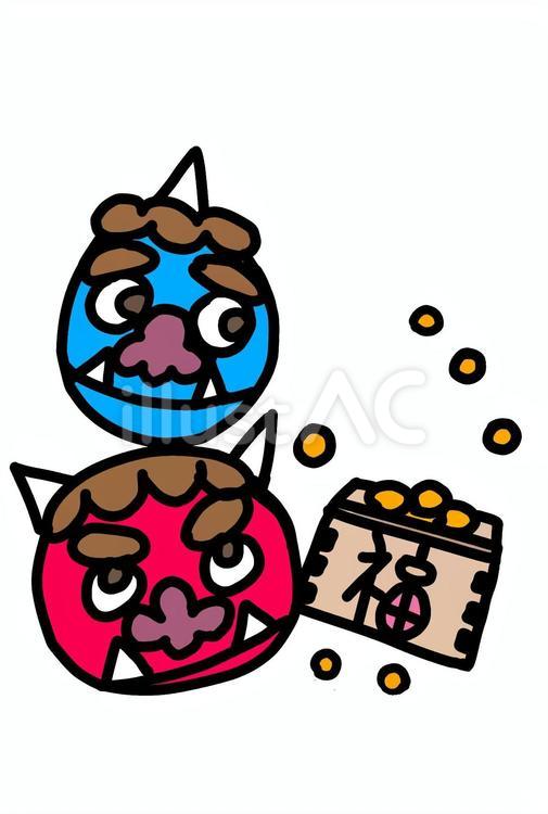 切り絵図案　豆まき 鬼,赤鬼,青鬼のイラスト素材