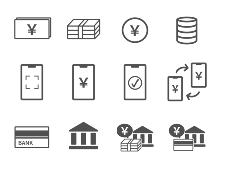 お金アイコンセット アイコン集,アイコン,お金,経済,振込,銀行,通帳,紙幣,貨幣,札束のイラスト素材