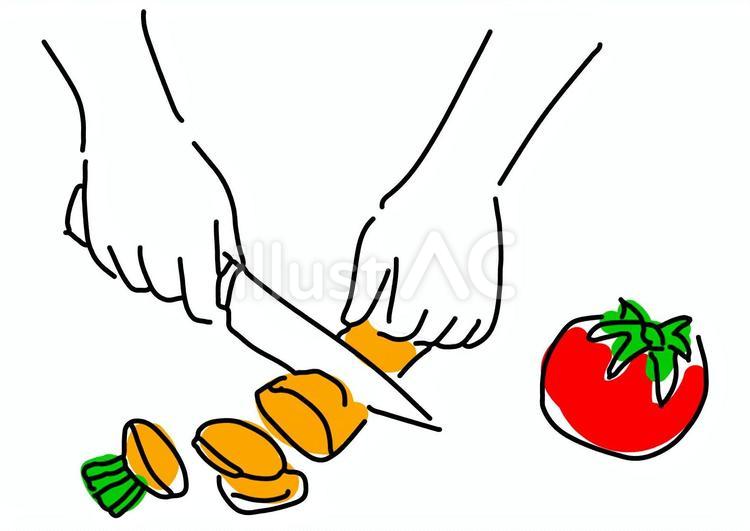 包丁で野菜を切る手元のシンプル線画 野菜,手,包丁のイラスト素材