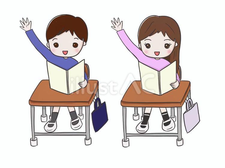 手を挙げる男の子と女の子 子ども,小学生,小学校のイラスト素材