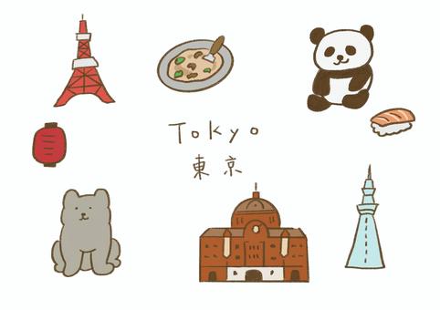 かわいい東京手描きイラストセット 東京,tokyo,旅行,観光,日本,和風,手描き,パンダ,寿司,もんじゃ焼きのイラスト素材