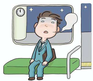 残業続きで披露が溜まる ストレス,残業,疲れ,朦朧,深夜,電車,座る,人物のイラスト素材