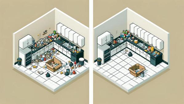 Illustration, dirty room, clean up, kitchen, 