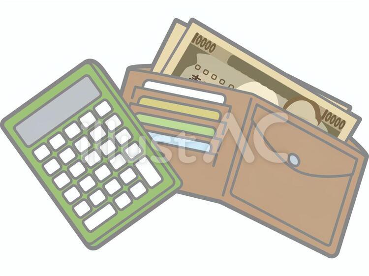 電卓と財布2 二つ折り財布,一万円札,電卓のイラスト素材
