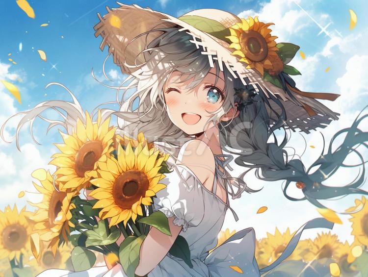 ひまわりと麦わら帽子の女の子イラスト - No: 24125452｜無料イラスト