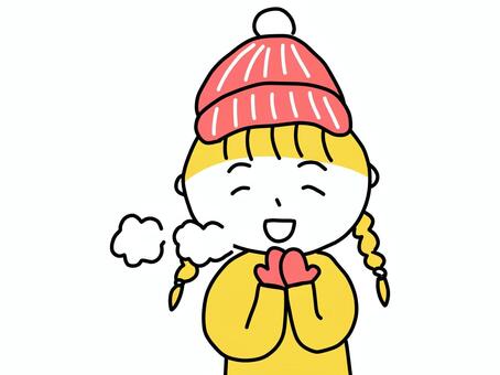 白い息の女の子・赤い帽子と手袋 冬,寒い,帽子,手袋,女の子,女子,キッズ,子供,人物,幼児のイラスト素材