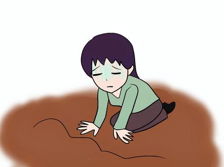 芽が出ず落ち込む女子 落ち込む,土,ショック,気落ち,芽,出ない,女子,地表,地面,見つめるのイラスト素材