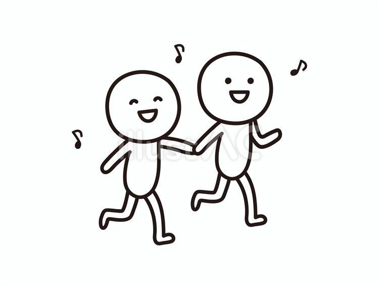 手を繋いで歌いながら走る2人の棒人間 歌う,歌,ご機嫌のイラスト素材
