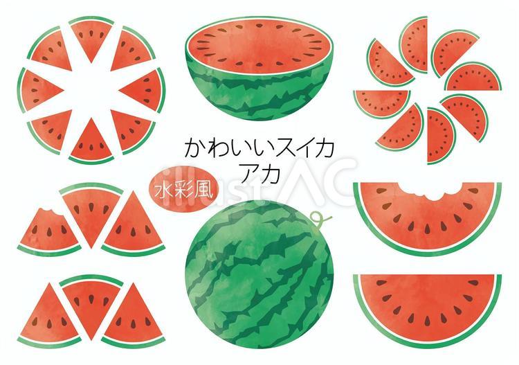 水彩風-かわいいスイカ-アカ スイカ,西瓜,夏のイラスト素材