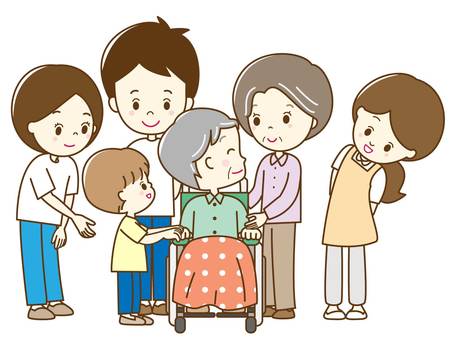介護7 介護,面会,家族,入院,車椅子,ひざ掛け,おじいさん,おばあさん,男の子,夫婦のイラスト素材