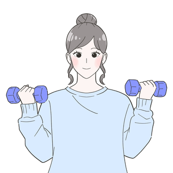 ダンベルを持つ女性　イラスト 女性,成人,若い,ダンベル,2個,持つ,筋トレ,鍛える,エクササイズ,フィットネスのイラスト素材