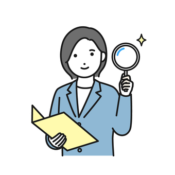虫眼鏡を持っているビジネスパーソン 虫めがね,調査,査定,見積り,女性,ビジネス,スーツ,虫眼鏡,調べるのイラスト素材