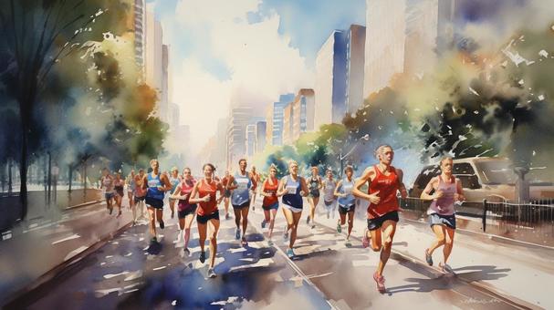 Illustration, watercolor painting, marathon, runner, 