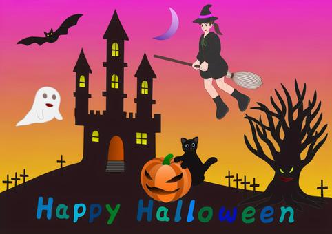 ハロウィンセット ハロウィン,カボチャ,黒猫,城,おばけ,コウモリ,おばけの木,ハロウィンロゴ,魔女,ほうきのイラスト素材