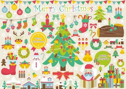 楽しい賑やかなクリスマスのアイコンセット クリスマス,フレーム,セット,サンタクロース,クリスマスツリー,枠,スノードーム,スノーボール,チキン,クリスマスカードのイラスト素材