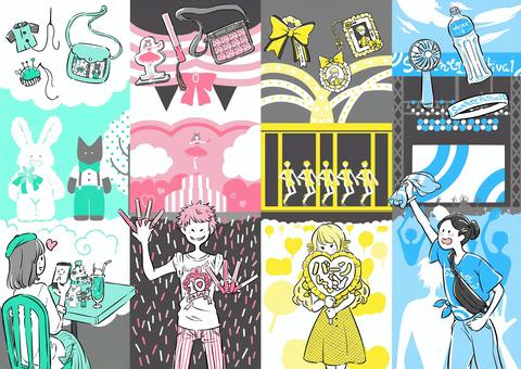 推し活いろいろ 手書き,推し活,夏フェス,アイドル,ぬい活,ペットボトル,ハンディファン,ラバーバンド,野外ステージ,ボディバックのイラスト素材