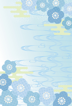 流水紋に梅柄　ハガキサイズのブルー 背景,和風,和柄,梅,花柄,ブルー,流水紋,かすみ,紗綾形,七宝のイラスト素材