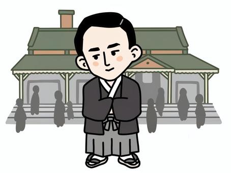 停車場を背にした石川啄木 石川啄木,停車場,似顔絵,肖像画,ゆるい,かわいい,手描き,デフォルメ,詩人,歌人のイラスト素材