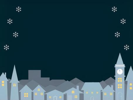 夜の街並み（雪） 街並み,建物,時計台,夜空,背景,雪のイラスト素材