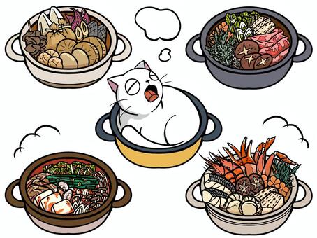 鍋物セット 鍋,おでん,すき焼き,キムチ鍋,海鮮鍋,ねこ鍋,冬,季節,料理のイラスト素材